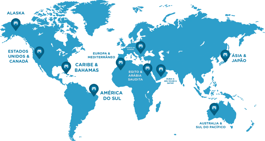 Mapa-múndi com os principais destinos de cruzeiro da Maritimos