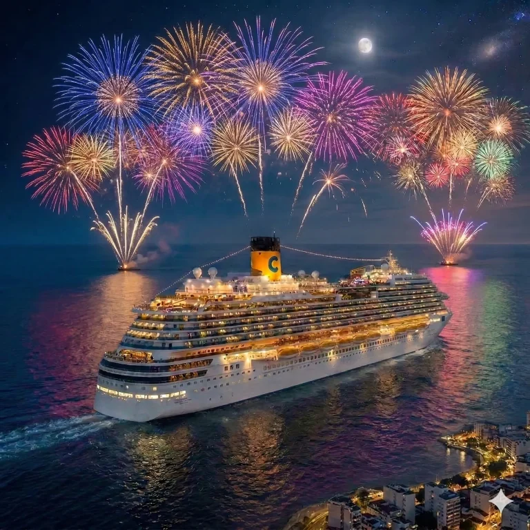Navio iluminado por fogos de artifício no Réveillon em alto-mar